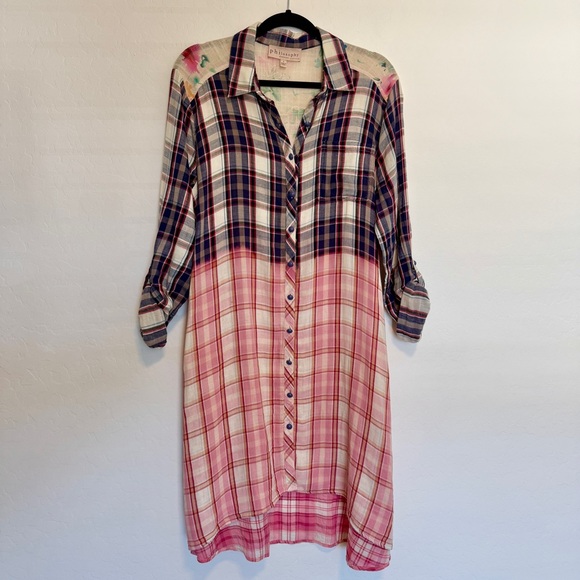 Philosophy Plaid Button Down Shirt Dress w/ Rose Appliqué 💯 Cotton - Picture 2 of 5